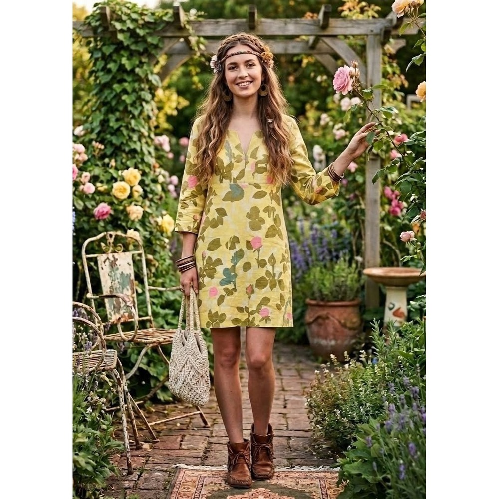 Boden Tunic‎ Dress Womens UK 10 US 6R Green/Pink Retro Floral 100% Linen V Neck